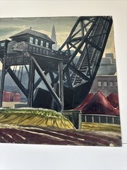 Antique Wpa Painting Cityscape American Street Car Urban Regionalism Industrial