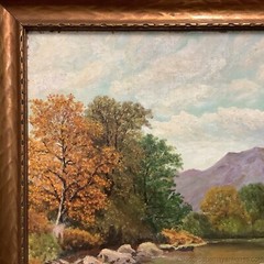 Landscape Oil Painting On Board American West Western Mountains River Boulders