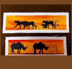Pair African Animal Original Oil Paintings ~ 20×5 & 18×5 by Kungi ~ Rhino + Lion