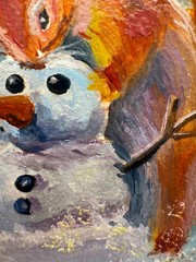 Original oil painting Snowman Naive art Signed Miniature Framed Size 4*4 inc
