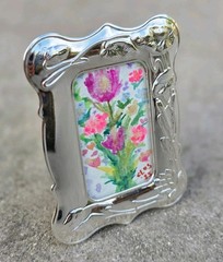 Les Fleurs I ACEO – Original Watercolor Painting w/ Vintage Frame, 3.25″x2.5″