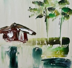 Island Palm Cottage Abstract Original Oil Painting Maui Hawaii Coastal Artwork