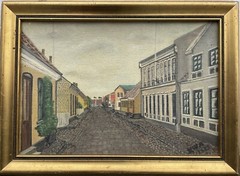 Unknown Realist Small Town in Denmark Houses Street Sky Oil Painting 35x26cm