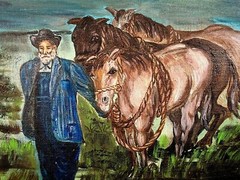 A Man and His Favorite Horses Primitive Oil Painting Signed on Canvas Panel