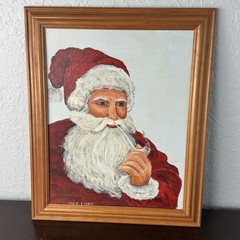 Original Painting Santa Claus Canvas Panel Wood Frame 13.5×16.5 Smoking A Pipe