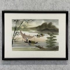 Vintage Vietnamese Silk Paintings Pair Framed River Village Boat Scenes Signed