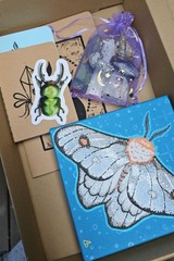 Original Art Moth & Cat Crystal Gift Bundle| Acrylic Canvas| Hand Stamped Art