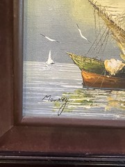 Markey Signed Oil Painting Fishing Boats at Dock Mid Century Black & Brown Frame