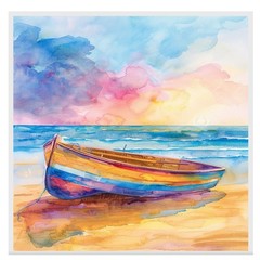 Watercolor Painting of Colorful Wooden Boat on Sandy Shore with Sunrise Canvas