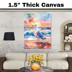 Seagull by Ocean Shore in Sunset Watercolor Scene Canvas Wall Art