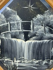 Waterfall Landscape Painting On Mirror Signed By Tom Dunham 13.5 Inches By 13.5