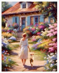 SIBLEY “COTTAGE GARDEN” Signed Original Art Print Woman Dog Flowers Cottage 8×11
