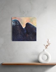 Raven Painting Bird Original Art 16″ by 16″ Black Crow Artwork Nature Wall Art