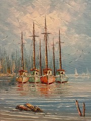 Oil Painting 12×16″ Sailboats in a harbor, light pastel shades