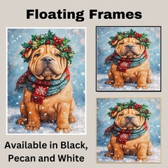 Christmas Shar Pei Dog Wall Art for Winter Holly Wreath Canvas for Home Decor