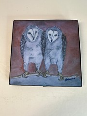Barn Owls Painting on Wood „Together/Night“ Signed by Artist 2012 5″x5″ Original