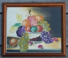 STILL LIFE FRUIT BOWL, Oil Painting on Board, Wood Frame, 1990s ~9″ x 10.75″