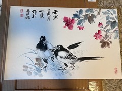 Signed Original Chinese Ink Painting on Paper Birds Flowers Calligraphy Unframed