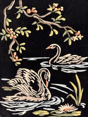 2 Vtg 60s SWAN PAINTING Set VELVET BLACK Picture Art Deco Lake Branches Blossom