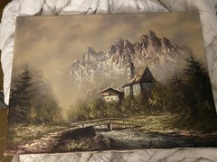 Vintage European Alps Landscape Oil Painting Signed Chalet Church Bridge