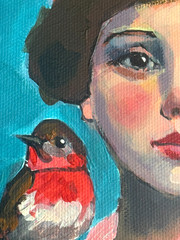 Original Acrylic Woman Portrait Painting 6×6 Bird Contemporary Signed AdriO