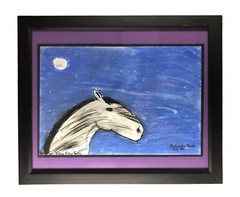 Framed Signed Child’s Painting Horse Night Sky Moon 18 x 22″ Valley View Farm