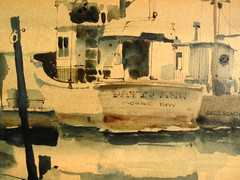 Ritchie Allen Benson 1941-1996 watercolor painting boats at dock in California