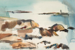 VIVIAN CHEVILLON (1923-2005) Mid Century Maine Sun Seascape w Lighthouse w/c