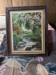 Vintage Framed Landscaped Waterfall And Flowering Trees On Matte Paper Print