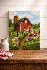 Red Barn Farm Painting Cow Sheep Country Landscape Art 16×20