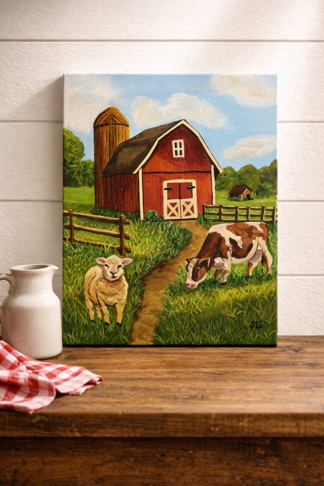Red Barn Farm Painting Cow Sheep Country Landscape Art 16×20