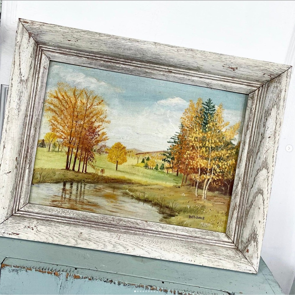 Vintage Landscape Painting Fall Lake Trees Canvas Board Paint Wood Frame Signed