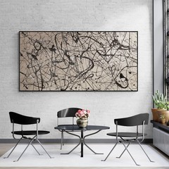 XXL Pollock Style Beige Black – Abstract Painting – Drip Canvas – 78×39 in