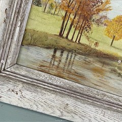 Vintage Landscape Painting Fall Lake Trees Canvas Board Paint Wood Frame Signed