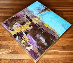 ABSTRACT MODERNIST LANDSCAPE PAINTING W/ GOLD LEAF SIGNED DIANA MULDER? 24″