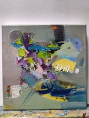 Abstract oil painting 8″x8″ Contemporary art, Angel, Gray, Blue, Yellow, Impasto