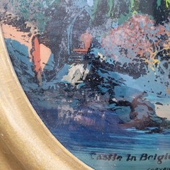 Antique 1917 Reverse Glass Painting Belgium Castle Convex Glass Wood Frame