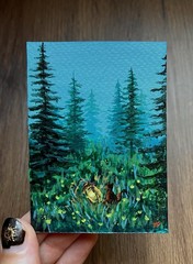 Whimsical Forest ACEO Painting Black Cat Lantern Light Abstract Landscape Mini