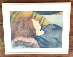 Vintage Watercolor Painting Red Headed Woman Sleeping Large Signed A. Pickens