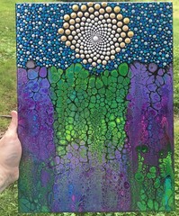 12” x 16” Contemporary Art – Dot Art Painting – Night Sky Moon – Purple Green
