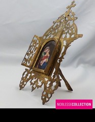 AFTER RAPHAEL ANTIQUE 19TH C. FRENCH MINIATURE ENAMEL PAINTED VIRGIN BRASS FRAME