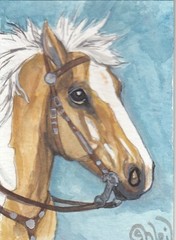 ACEO original Watercolor Art Card HORSE heavy working stock Palomino gelding