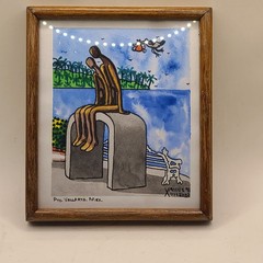 Picture couple on bench by water. 1993. Signed. Wood frame.