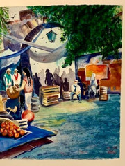 Vintage 36″x 22″ Watercolor Painting Mexico Street Market Scene Impressionism