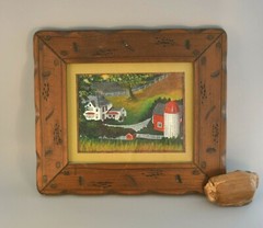 Vtg Oil Painting – Old White Farmhouse Silo Barn – Folk Art – Wood Frame