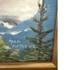 Vintage Oil Painting Mountain Lake Landscape – Signed Anne Matthews – Framed