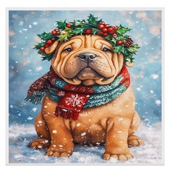 Christmas Shar Pei Dog Wall Art for Winter Holly Wreath Canvas for Home Decor