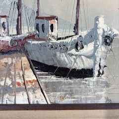 Vintage W. Tony Boats On Harbor Art Painting Seagulls Shacks Seascape Coastal