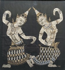 OLD INDIAN PAINTING ON FABRIC DANCING WOMEN INDIAN HALF ACT GOUACHE