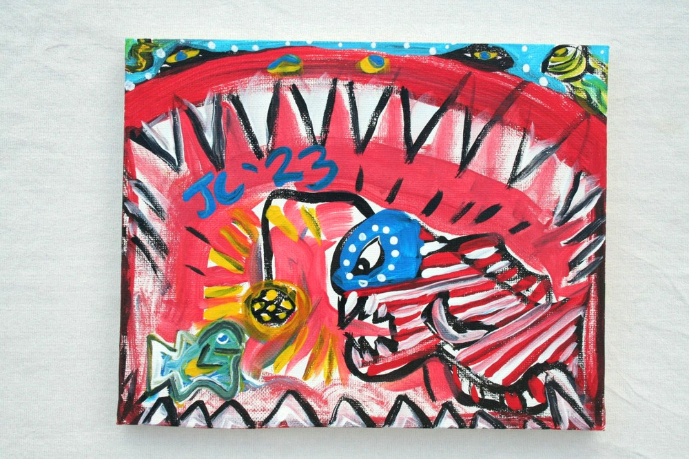 JAWS AMERICAN ANGLER FISH FLAG Jr CHARLIE FAST OUTSIDER POLITICAL FOLK POP ART